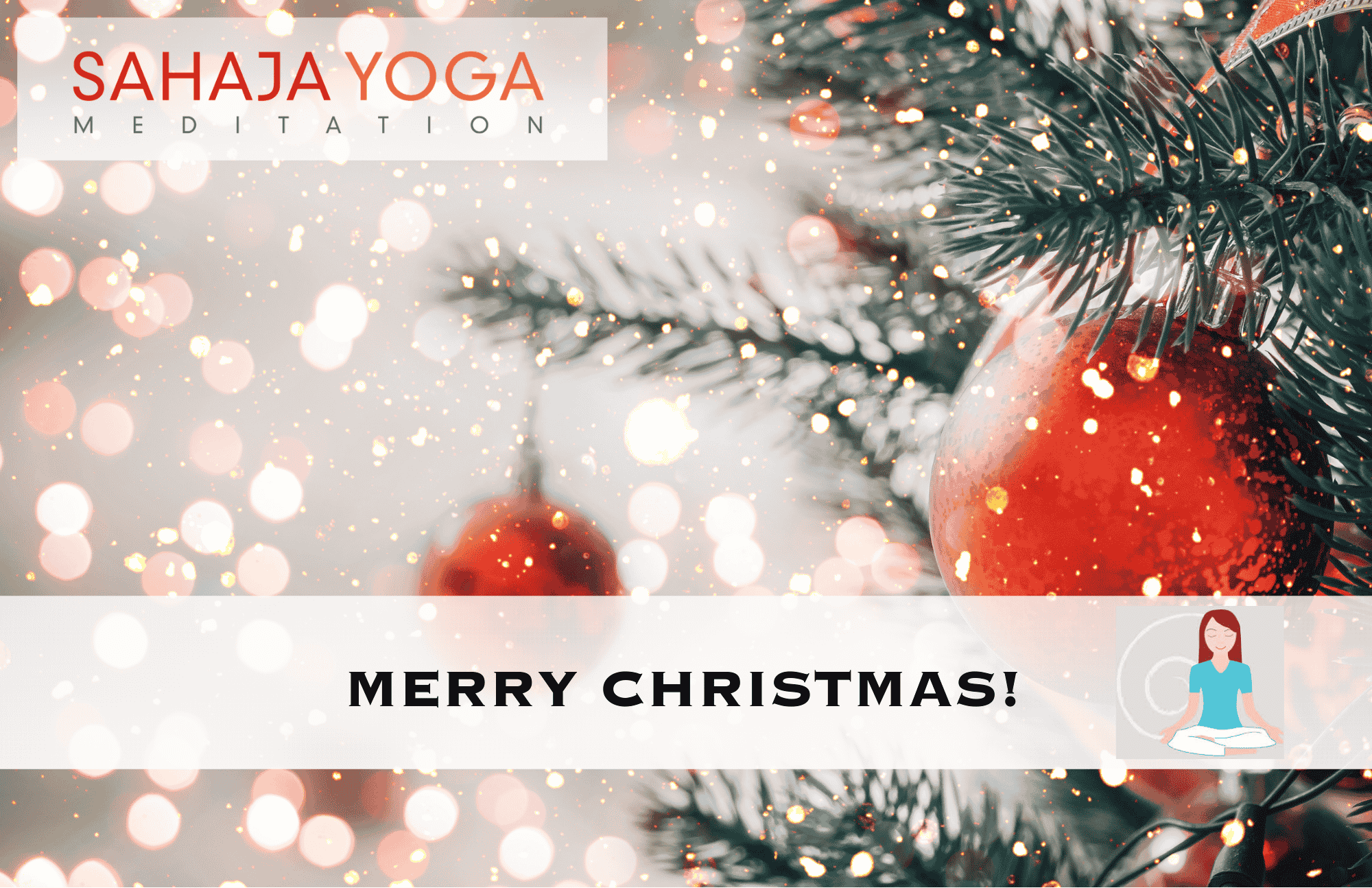 Festive Christmas tree branch with ornaments, lights, and the Sahaja Yoga Meditation logo, featuring a greeting that says 'Merry Christmas!'